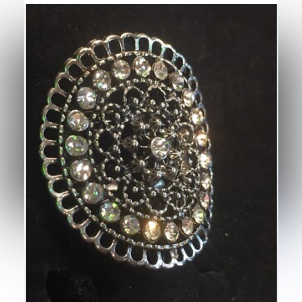 Vintage Elegant Silver and Black rhinstone two tone Statement Ring stretch fit
